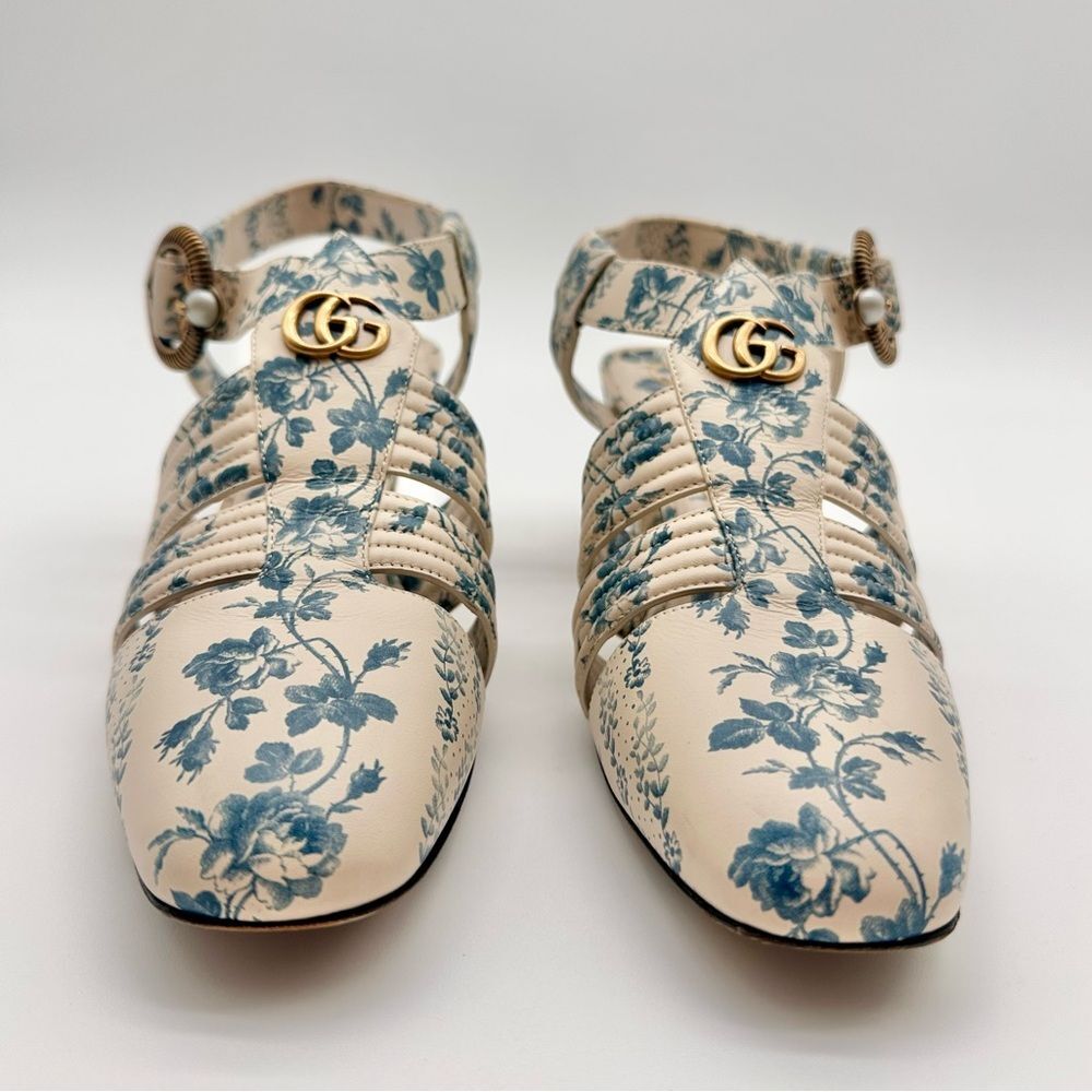 Gucci Gea GG Mid Heel Buds/Floral Blue Leather T-Strap  Sandal Pump EU37.5 US7.5 - Picture 6 of 13